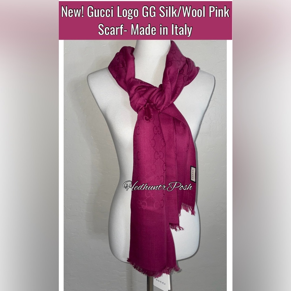 🎉HP🎉New! Gucci Logo Double GG Silk/Wool Pink Scarf 71”x18”-Made in Italy🇮🇹 - Picture 1 of 14